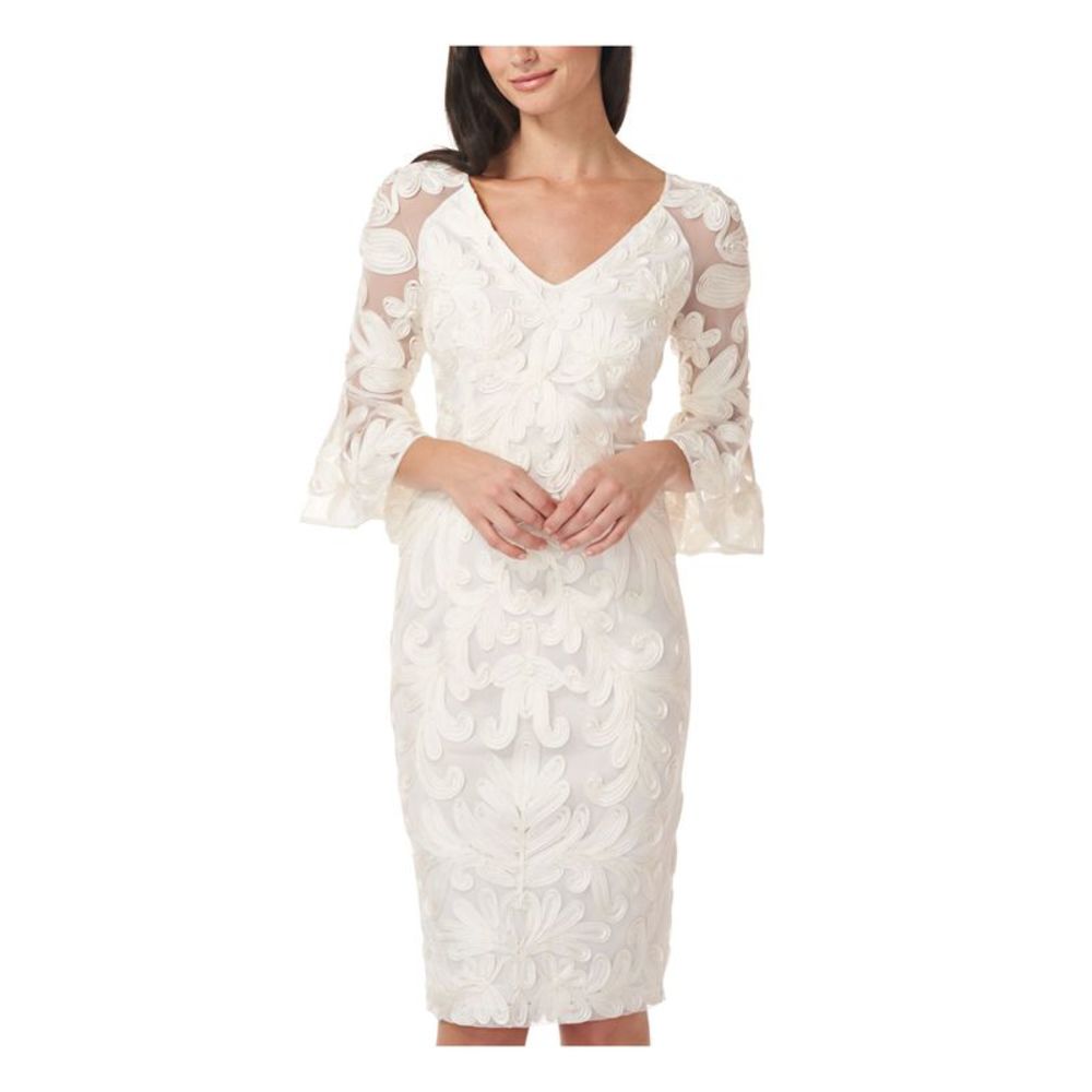 JS COLLECTION Womens Ivory Lined Bell Sleeve Below The Knee Body Con Dress 10